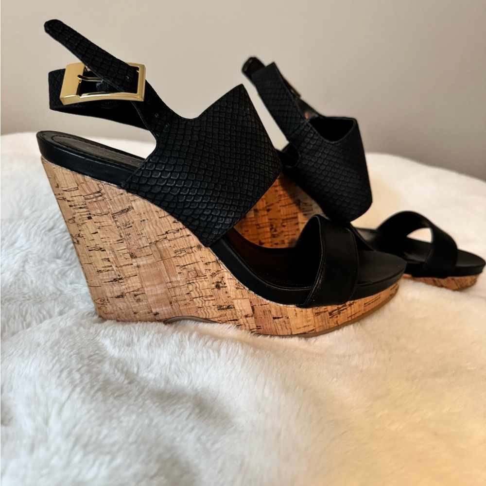 Calvin Klein Black and Tan Wedge Sandals